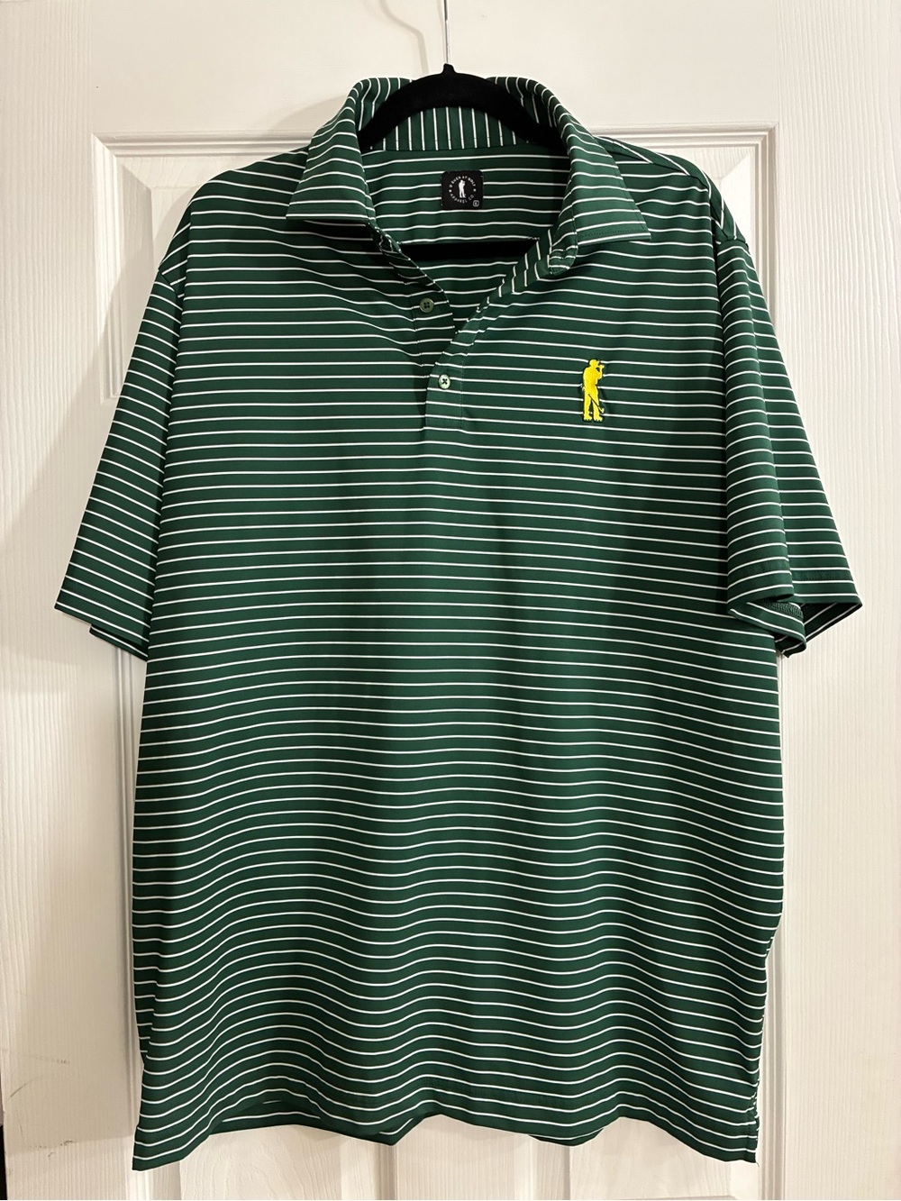 Men's Green Striped Polo with Yellow Chest Emblem